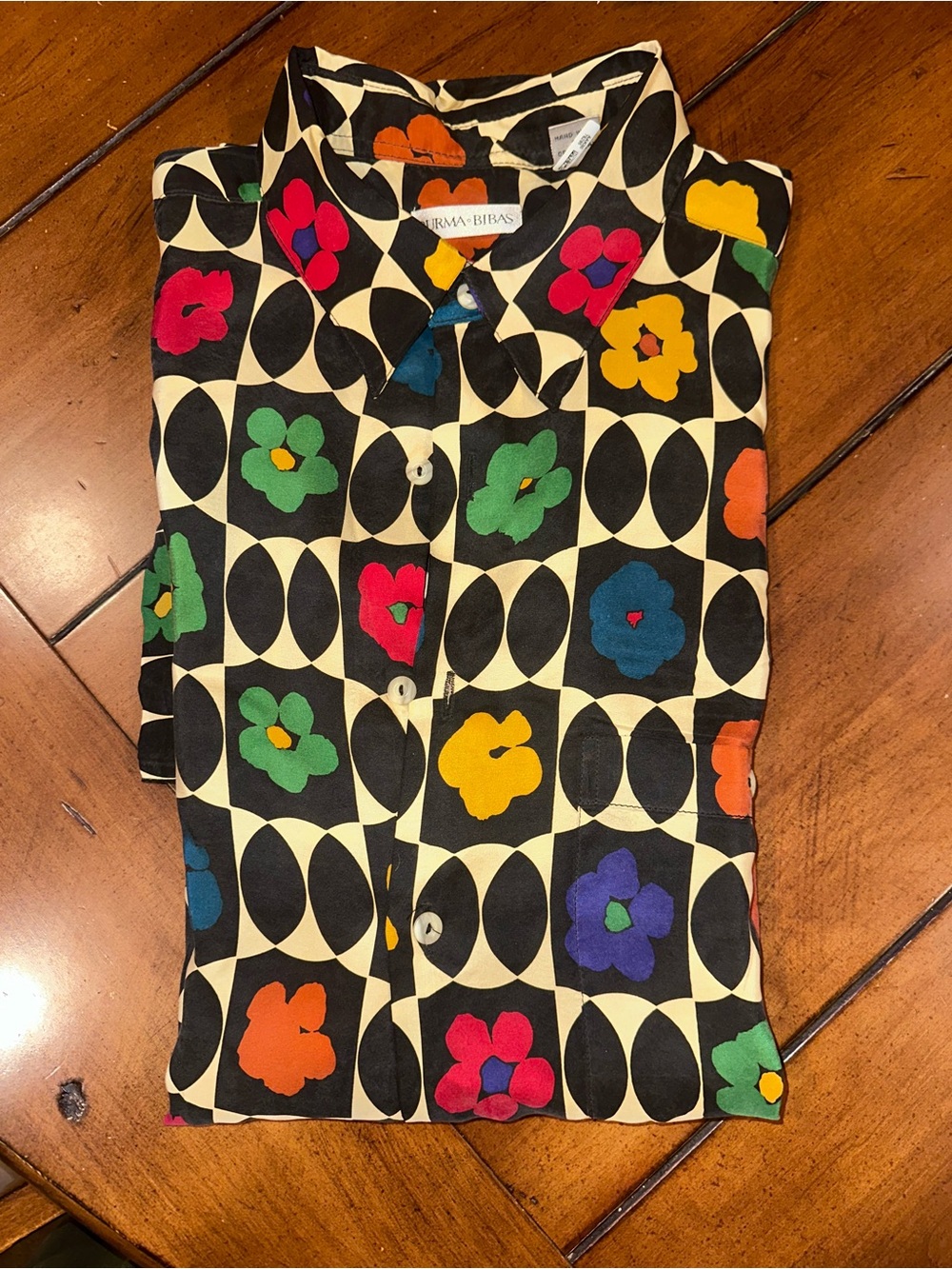 Vintage Burma Bibas 100% Silk Geometric Button Front Shirt Size Large - Picture 3 of 4